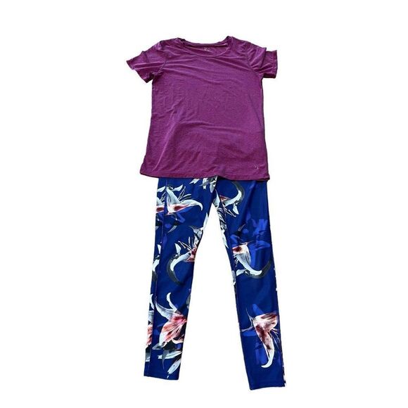 Fabletics XS Blue Floral Leggings W XS Gap Fit Maroon T Shirt Set of 2 Athletic - Picture 1 of 7